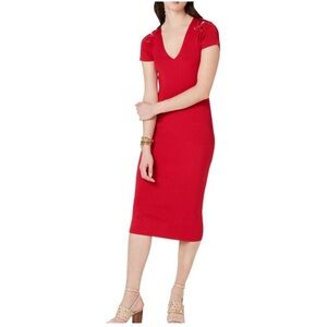 NWT Michael Kors Ribbed V-Neck Lace Up Shoulder Detail Red Midi Dress Sz L Chic